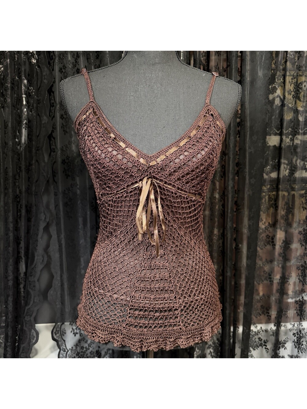 Vintage Rave Y2K Brown Crochet Cami Top Tie Front Whimsigoth Sz M